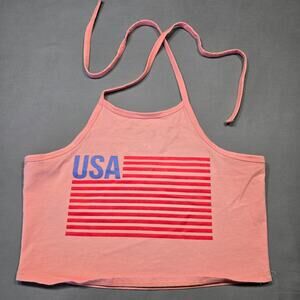 Isaac Morris Limited Pink Crop Top USA Flag Tank Halter Tie Back Stretch Women S